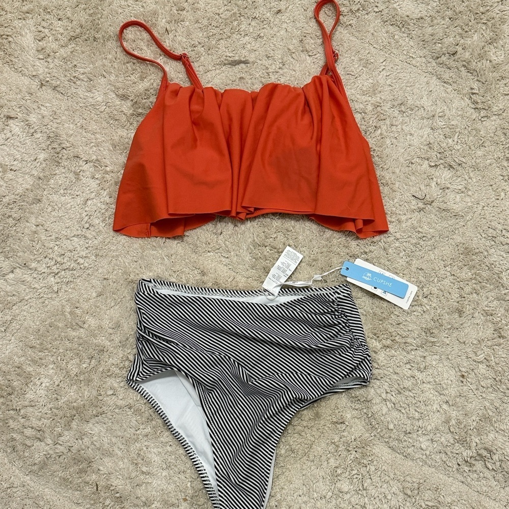 NWT Cupshe Coral Bikini Top and Black Striped Bottoms